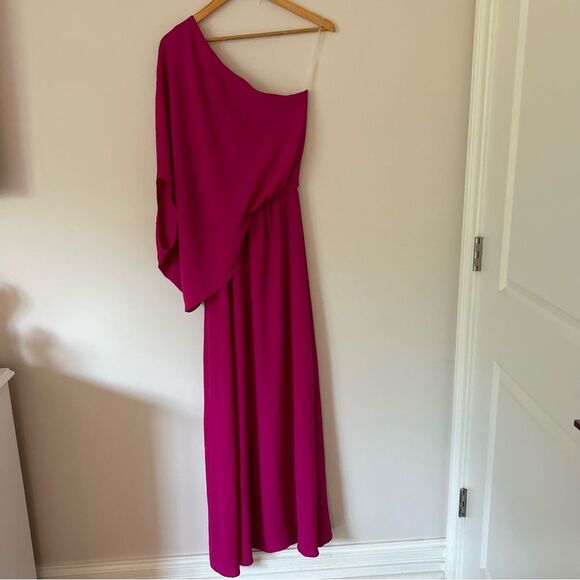Judith March Long One Shoulder Fuchsia Draped Taffeta Evening Gown - Picture 5 of 5